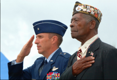 Black and white veterans saluting